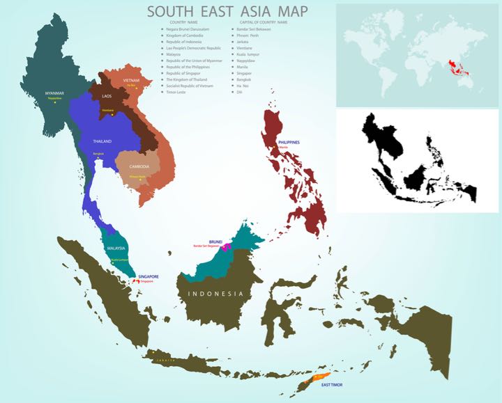 Map of best places to go with kids in South East Asia.