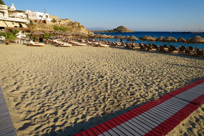 The best beach on Mykonos: Platys Gialos near Mykonos Town.