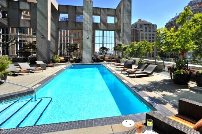 Best Family Hotels in Vancouver:  Great outdoor pool at the Vancouver Hilton.