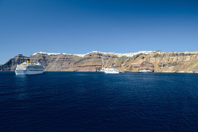 Arriving in Santorini by ferry.