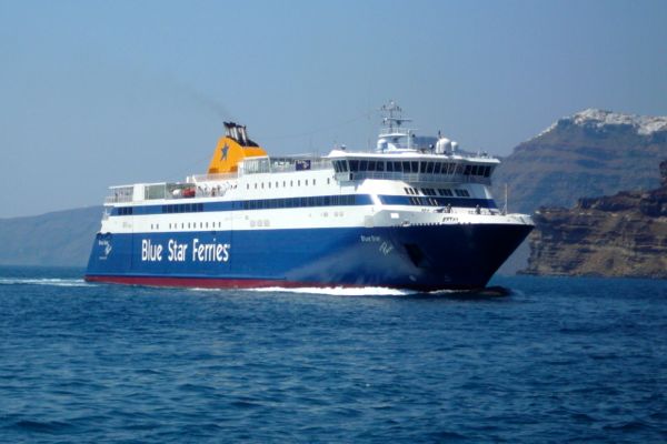 Blue Star ferry from Athens arriving in Santorini.