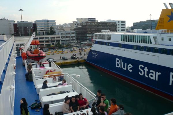 Blue Star ferry in Athens heading to Santorini