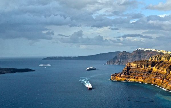 Ferries arriving in the Santorini caldera.