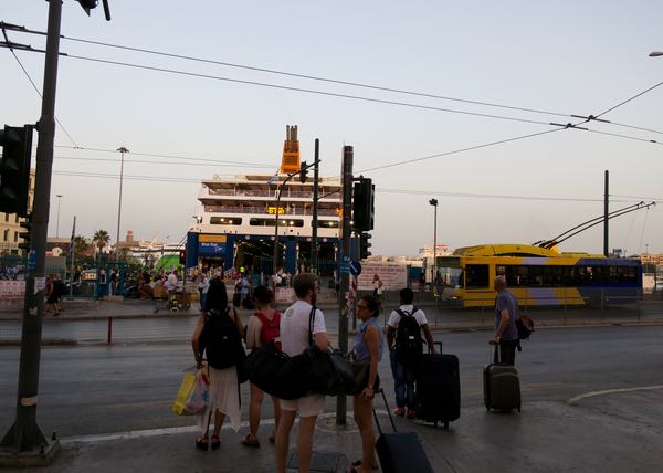 View of the ferry port (and the Athens-Santorini ferry) from just outside Piraeus metro station.