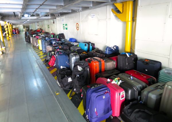 Luggage storage on a Highspeed ferry to Santorini. This is on the bottom level of the ferry. No one is allowed on this deck during the ferry ride. 