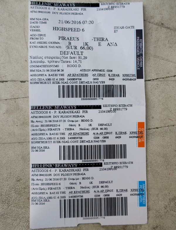 Ticket for Santorini-Athens ferry.