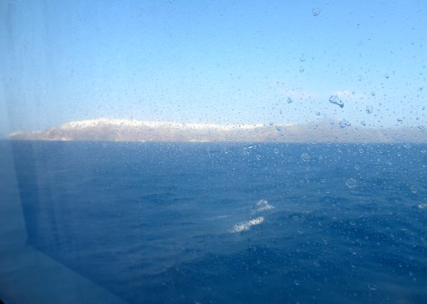 The view you get from a SeaJet as you approach Santorini. The view from the Hellenic Highspeed ferries aren't much better. If you want a good view as you enter the caldera you must take the Blue Star ferry.