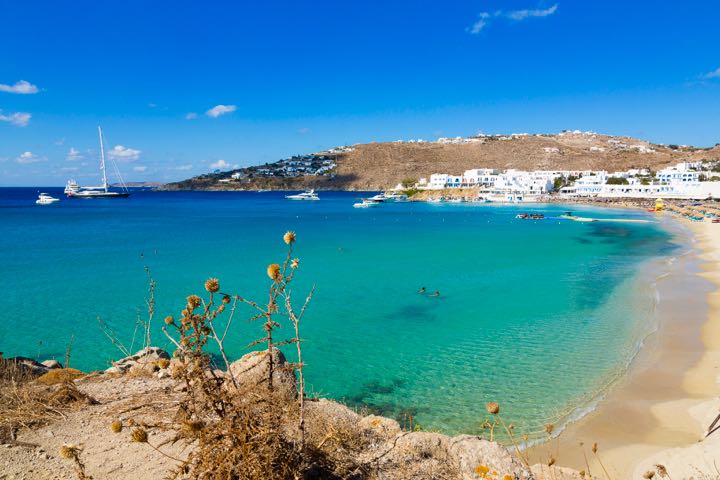 Best hotels at beach with lots of restaurants and bars on Mykonos. 