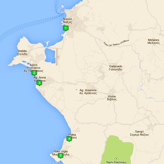 Map of the Best Beaches on Naxos Greek Island.