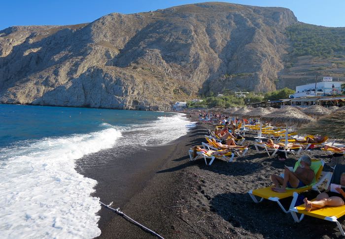 Hotels and restaurants at the best beach in Santorini.