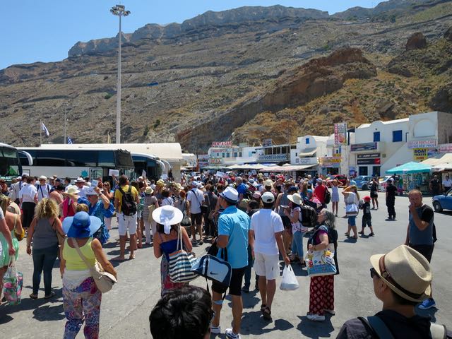 Getting rental car at the ferry port in Santorini.