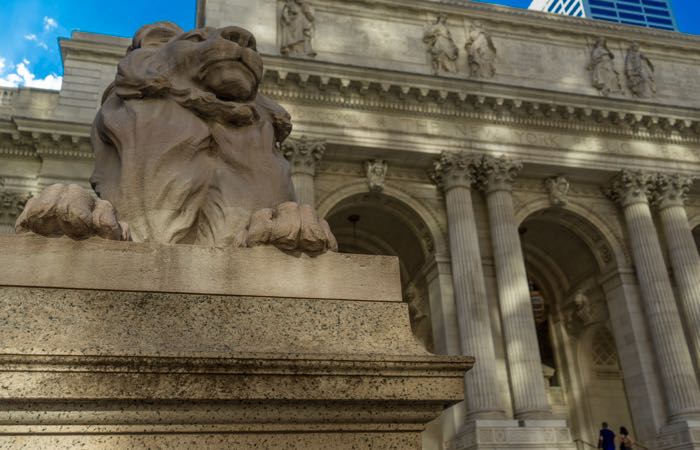 Famous lions flank the steps of the New York Public Library