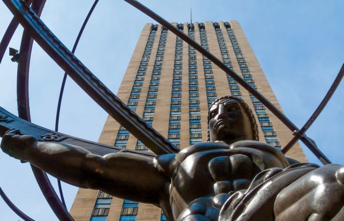 Sculpture of Atlas carrying a globe in front of the Rockefeller Center in NYC.