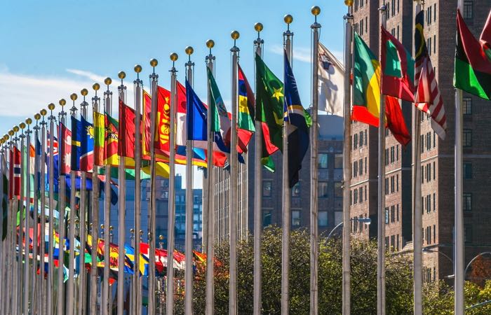 Flags of many nations adorn the United Nations Building in Manhattan.