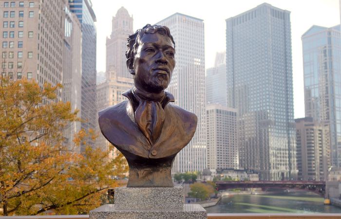 The bust of Jean Baptiste DuSable, the founder of Chicago, is located on the Magnificent Mile.