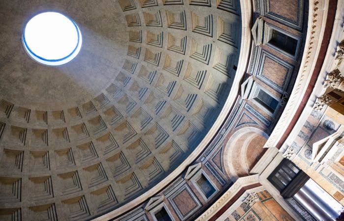 Light beam coming through the giant dome ceiling at the Pantheon in Rome, Italy. The Pantheon was constructed in the 1st century AD.