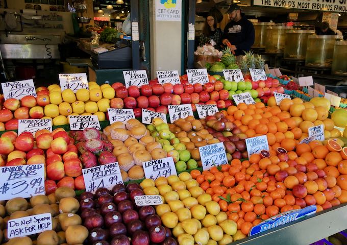 Fruits, Vegetables, and Snacks to buy in Pike Place Market.