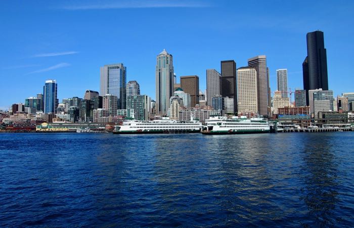 View of Downtown Seattle from Seattle to Bainbridge ferry.