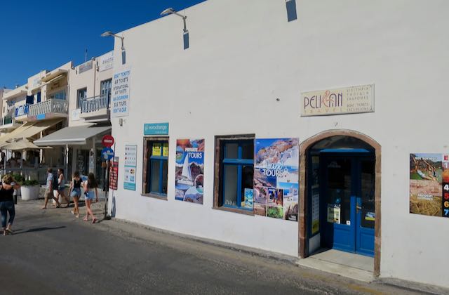 Where to pick up tickets for ferries in Santorini, Greece.