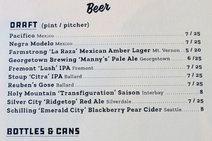 Beer menu at Super Bueno restaurant in Seattle.
