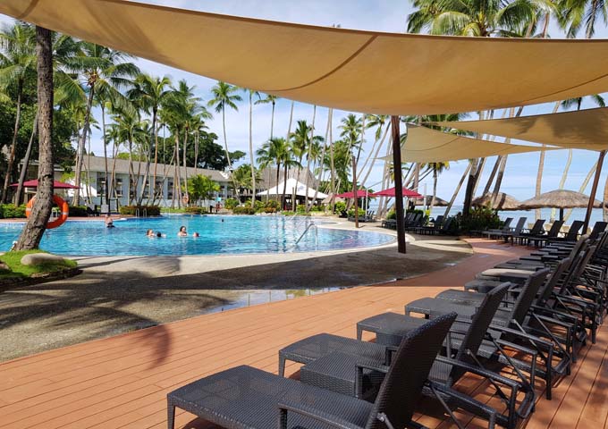 The main pool has ample shade and fantastic sea views.