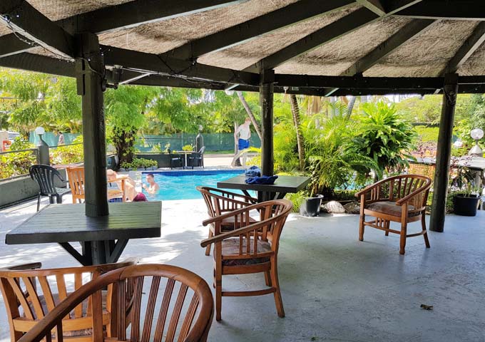 The onsite cafe-cum-bar has outdoor seating by the pool.