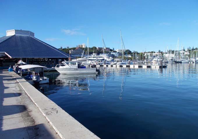 The city coastline is lined with marinas.