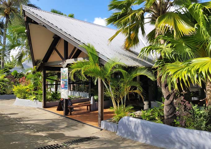 The resort entrance is tropical and welcoming.