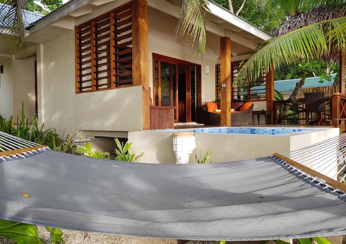 Hammocks tied across the property give off a tropical vibe.
