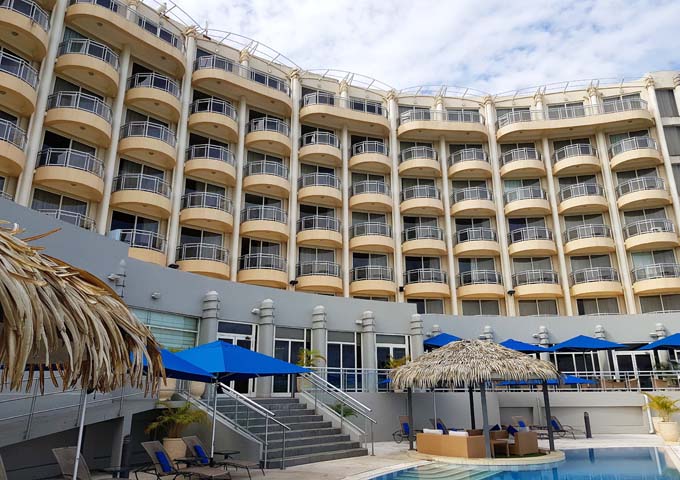 The hotel features a beach resort style design.