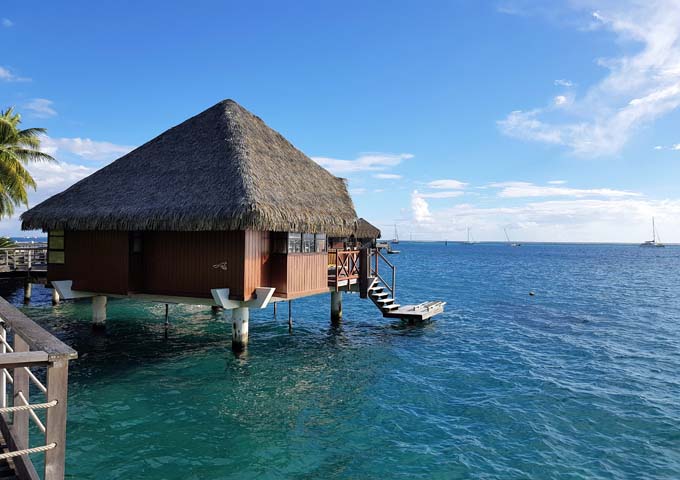 Overwater Bungalows feature a ladder from the sundeck to the lagoon.