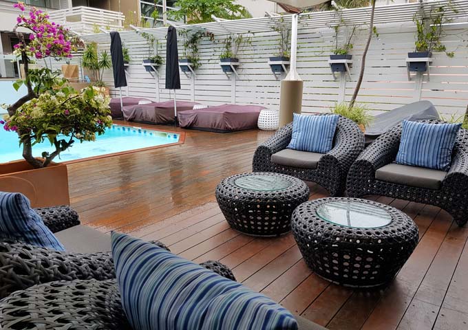 The wooden pool deck is inviting.
