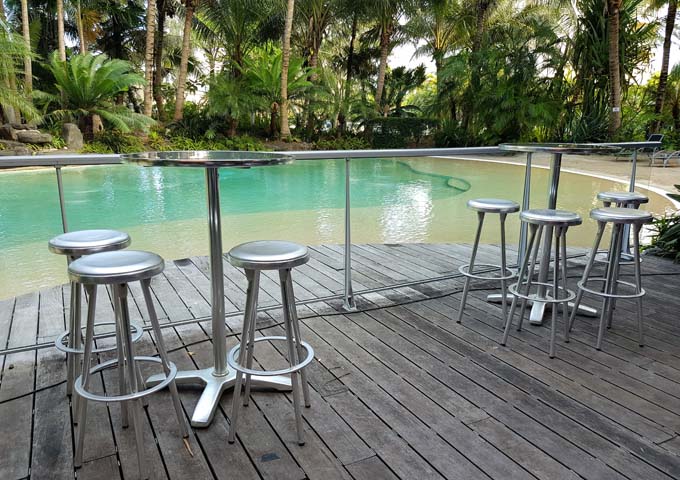 The wooden deck of the Sports Bar extends to the pool.