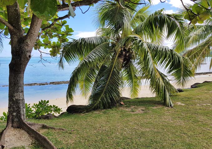 The beach is accessible through shady lawns.
