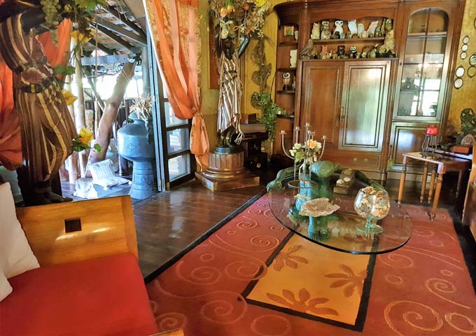 The guests' lounge decor is eccentric and fascinating.
