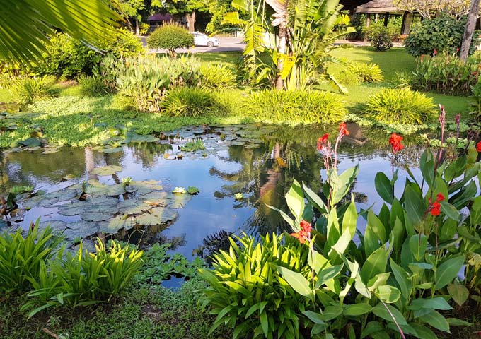 The hotel gardens have several ponds.