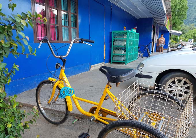 The three-wheeler bicycle is handy for shopping nearby.