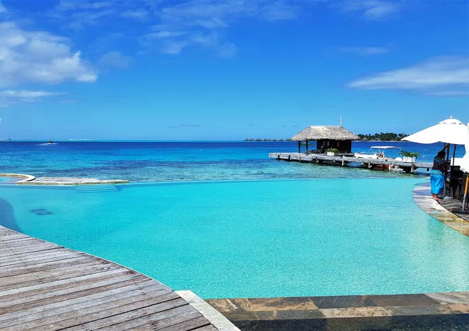 The infinity pool at family-friendly Sofitel Bora Bora Marara Beach Resort has excellent sea views.
