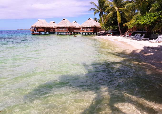 Overwater Bungalows are close to the shore and clustered close together.