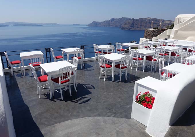 The restaurant's terrace offers fantastic caldera views.