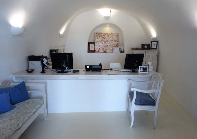 The hotel features a traditional, Cycladic, cave-style architecture.