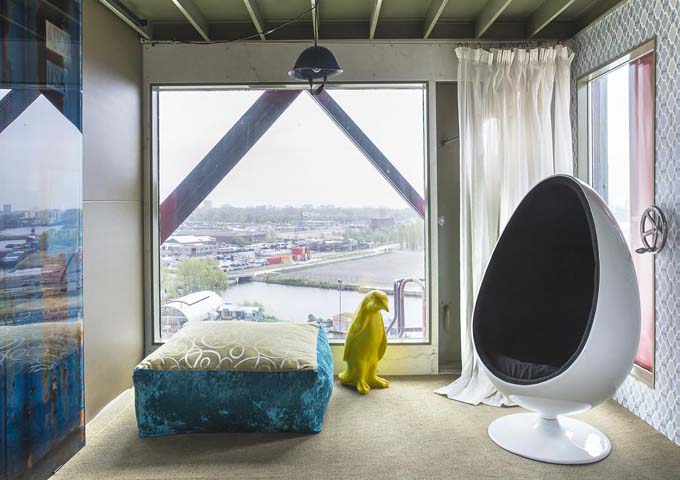 The Free Spirit Suite's sitting area offers view of the NDSM-werf.