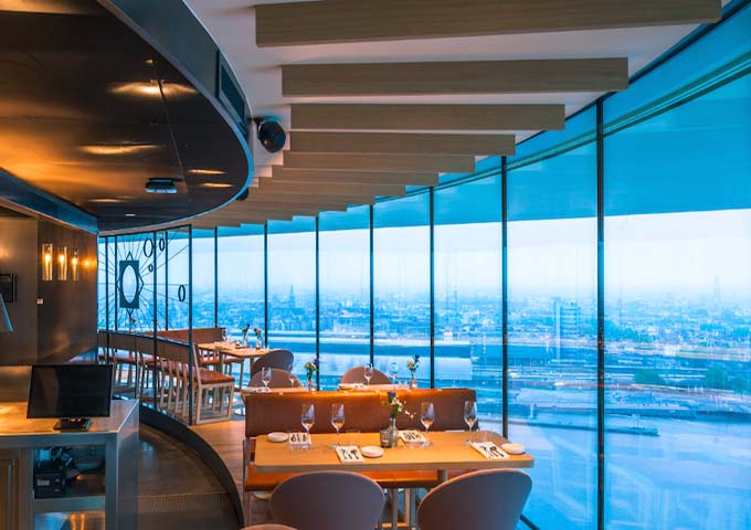 The Moon restaurant offers 360-degree views of the city.