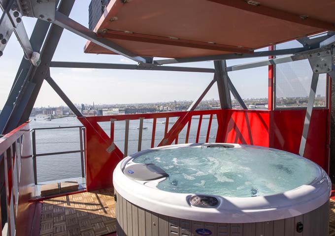 The rooftop hot tub offers excellent views of the IJ and central Amsterdam.