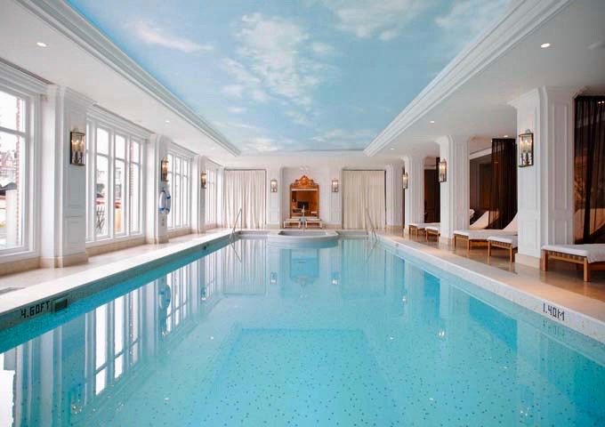 The heated indoor pool offers river views.