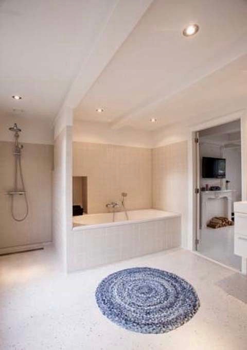 The spacious Moon Suite bathroom features a tub and a rain shower.