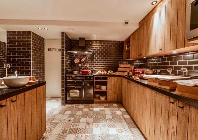 The breakfast buffet is offered in the kitchen.