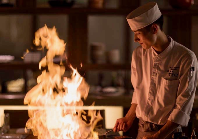 Michelin-starred Teppanyaki Restaurant Sazanka features live cooking.