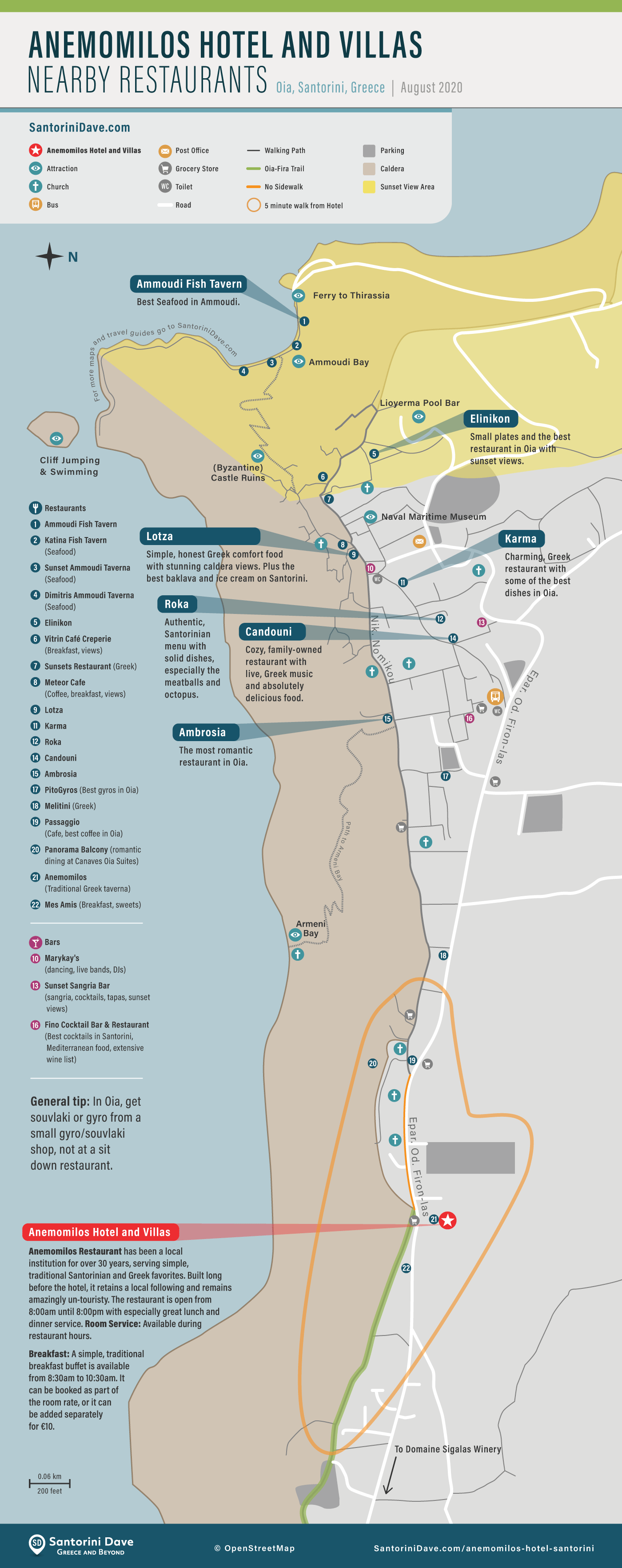 Map showing the locations of the best restaurants near Anemomilos Hotel in Santorini