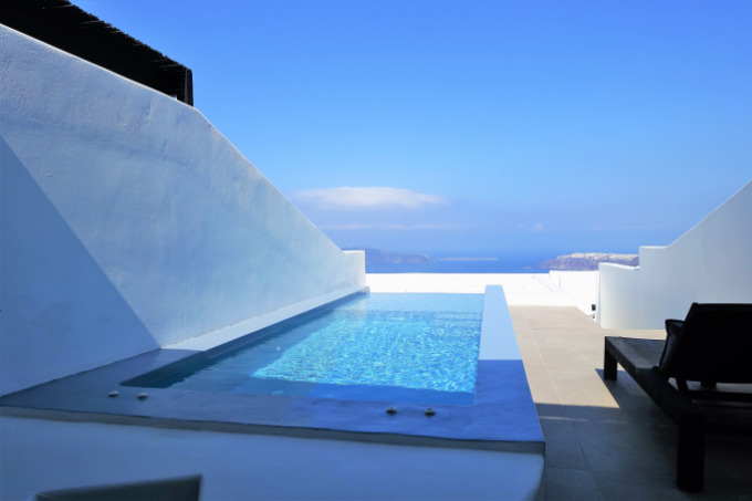 The terrace of the Pool Suite offers stunning caldera views.
